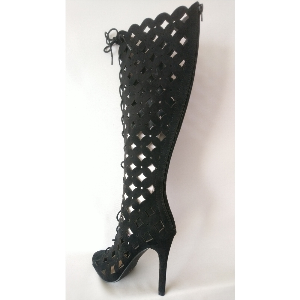 Lace up open toe gladiator knee high boots